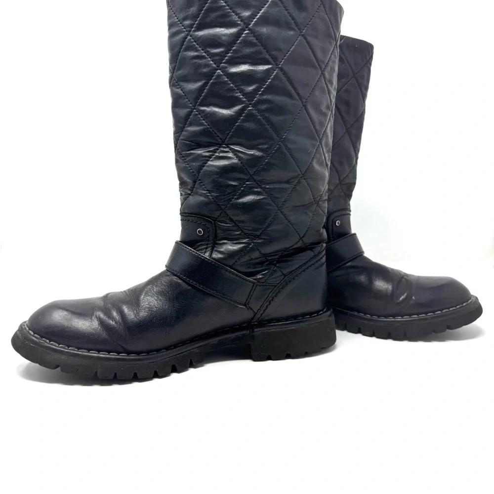 Chanel Black Quilted Calfskin Leather Biker Boots – CC Logo Moto Style (Sz 38.5)